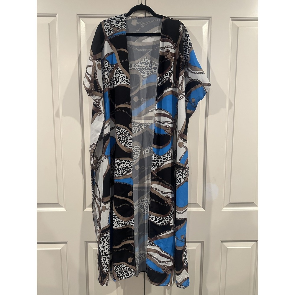 Animal Print Kimono Womens One‎ Size Blue Sheer Beach Pool Cover Up Long Open